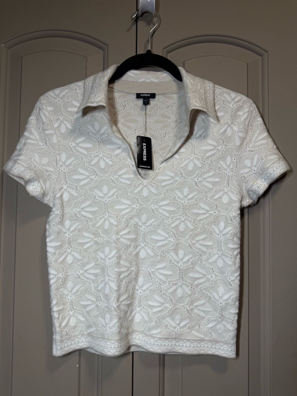 Express White Short-Sleeve Lace Collared Top